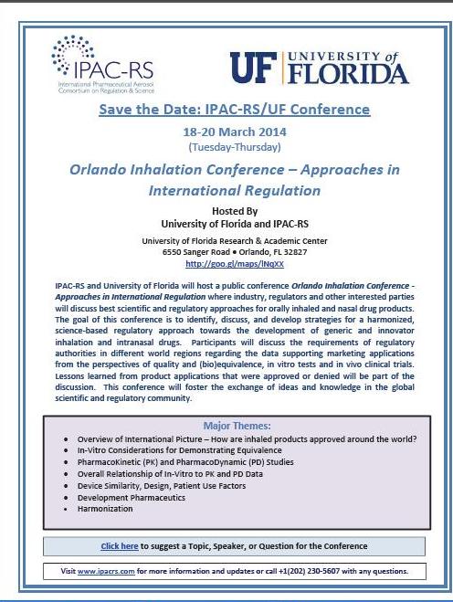 IPAC-RS/UF Conference, Orlando Inhalation Conference - Approaches in International Regulation18-20 марта 2014